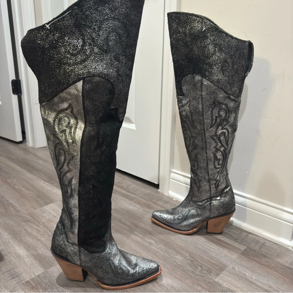 Corral Boots Metallic Tall OTK Silver Black Suede Leather Western Boots Z5245